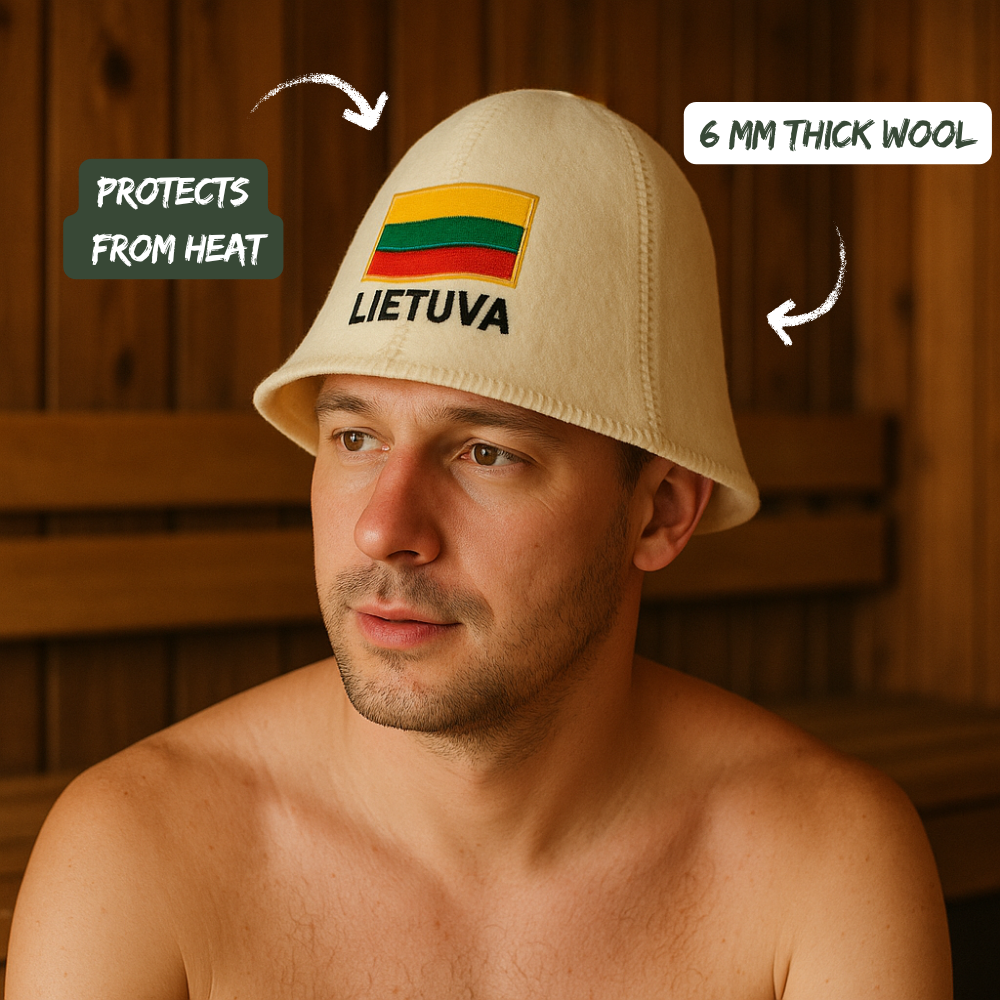 Man wearing Sauna Hat ‘Lietuva’, made of 6 mm thick wool for heat protection in sauna.