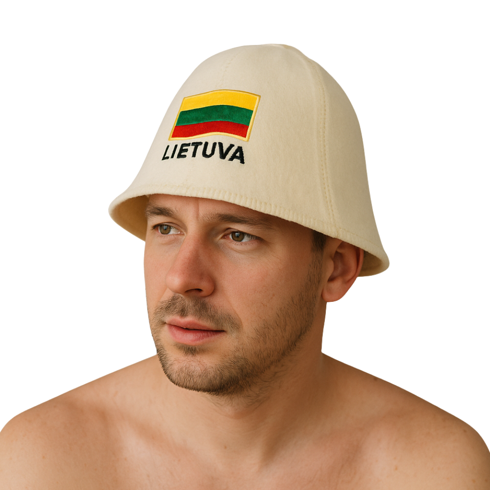 Sauna Hat ‘Lietuva’ made of 100% wool, featuring the Lithuanian flag, perfect for sauna sessions.