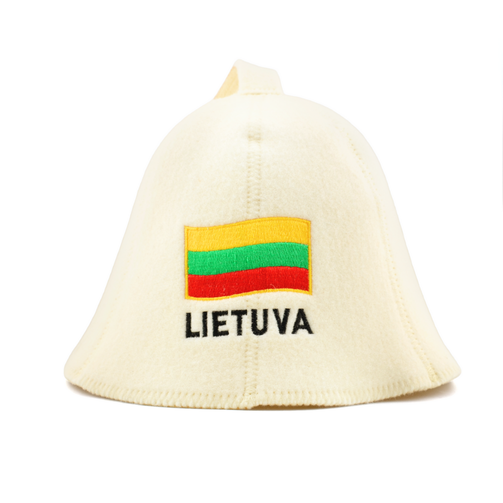 Sauna Hat ‘Lietuva’, 100% wool sauna hat with Lithuanian flag design, perfect for sauna experiences.